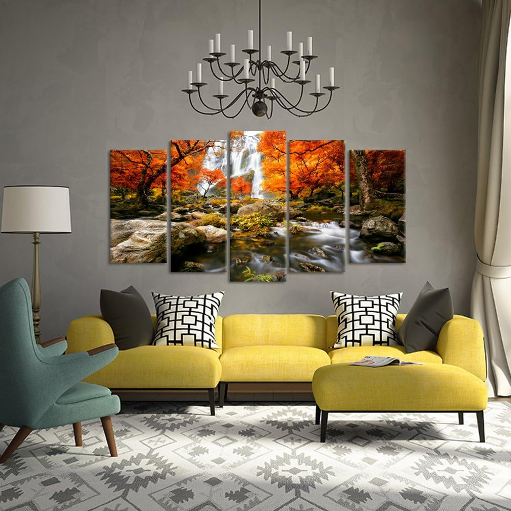Stunning Autumn Forest Waterfalls 5-Piece Canvas Art Set – Large 60x32 Inch Modern Landscape Wall Decor for Living Room