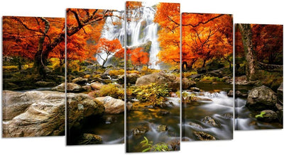 Stunning Autumn Forest Waterfalls 5-Piece Canvas Art Set – Large 60x32 Inch Modern Landscape Wall Decor for Living Room