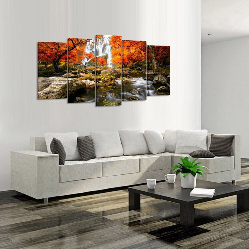 Stunning Autumn Forest Waterfalls 5-Piece Canvas Art Set – Large 60x32 Inch Modern Landscape Wall Decor for Living Room