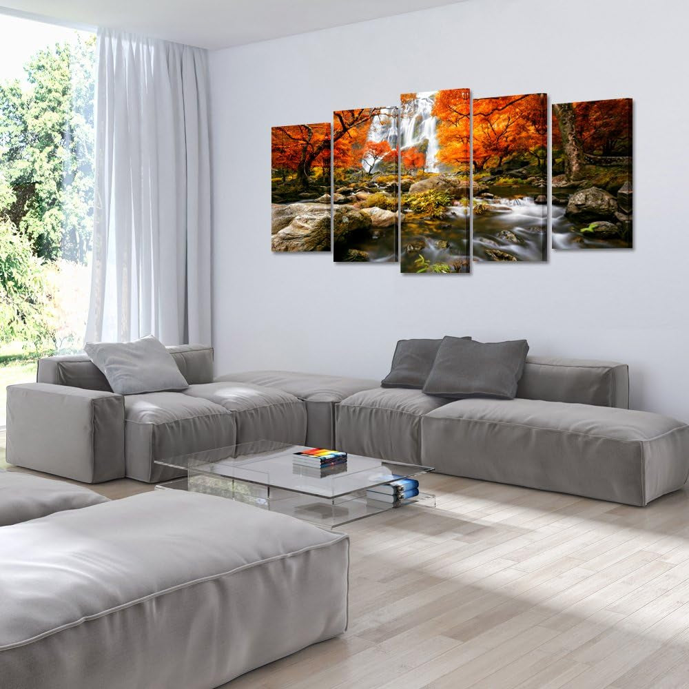 Stunning Autumn Forest Waterfalls 5-Piece Canvas Art Set – Large 60x32 Inch Modern Landscape Wall Decor for Living Room