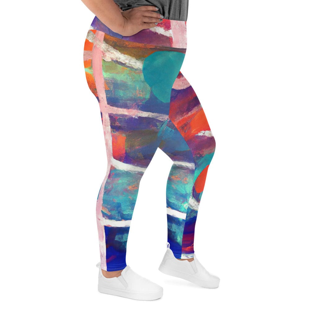 Womens Plus Size Fitness Leggings - Red Blue Multicolor Abstract Print-2