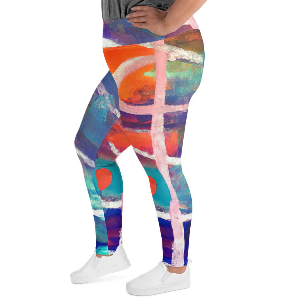 Womens Plus Size Fitness Leggings - Red Blue Multicolor Abstract Print-3